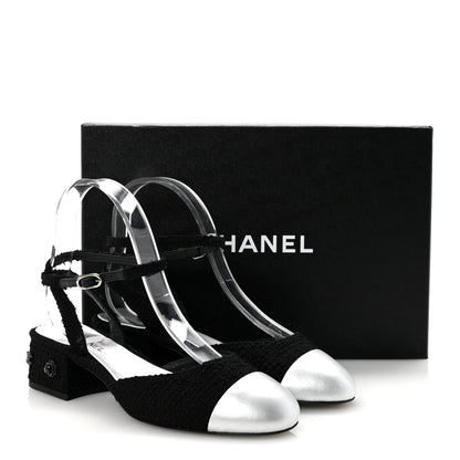 Chanel Tweed Iridescent Calfskin Cap Toe CC Slingback Pumps 37 Black Silver 10 of 10