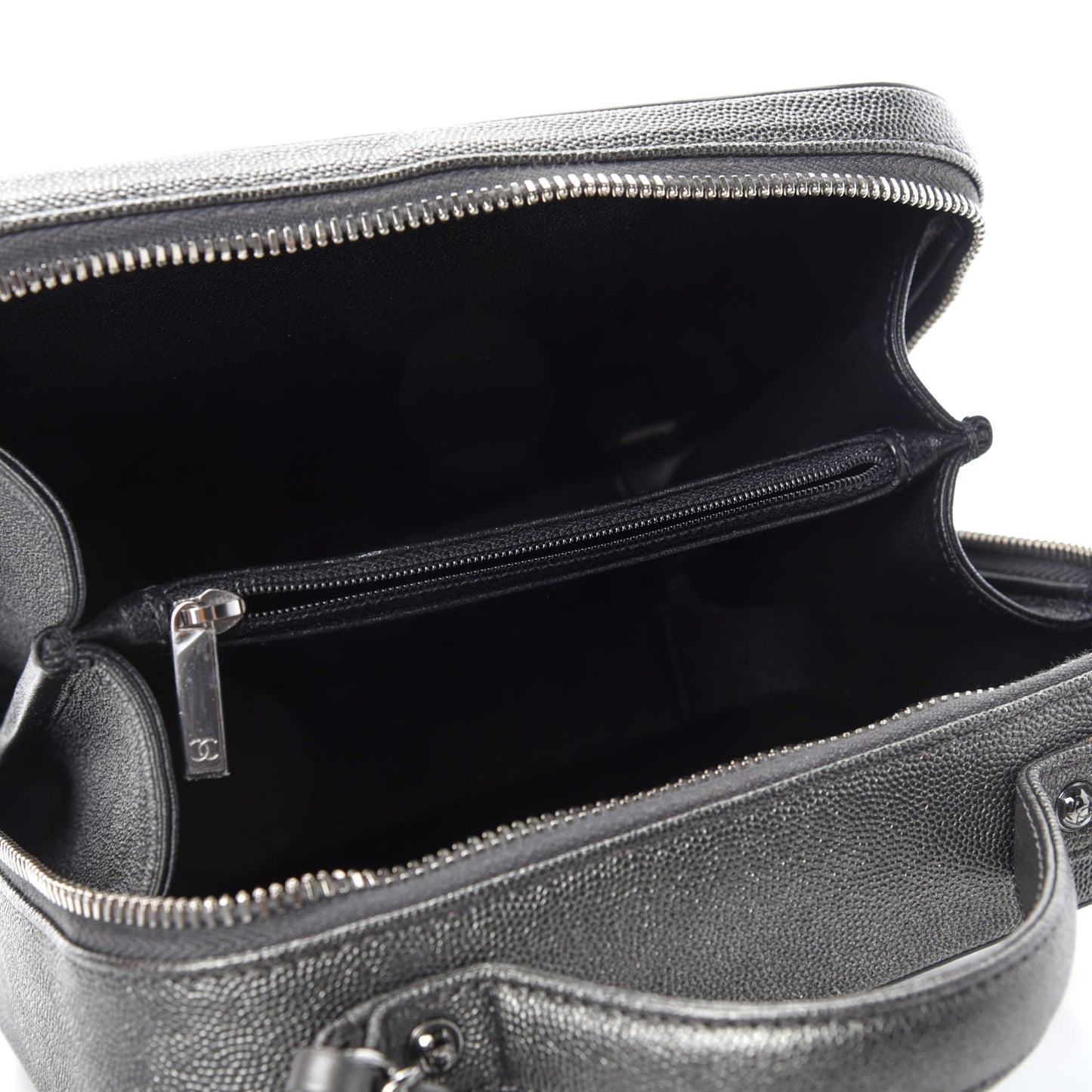 Metallic Caviar Quilted Medium CC Filigree Vanity Case Dark Silver