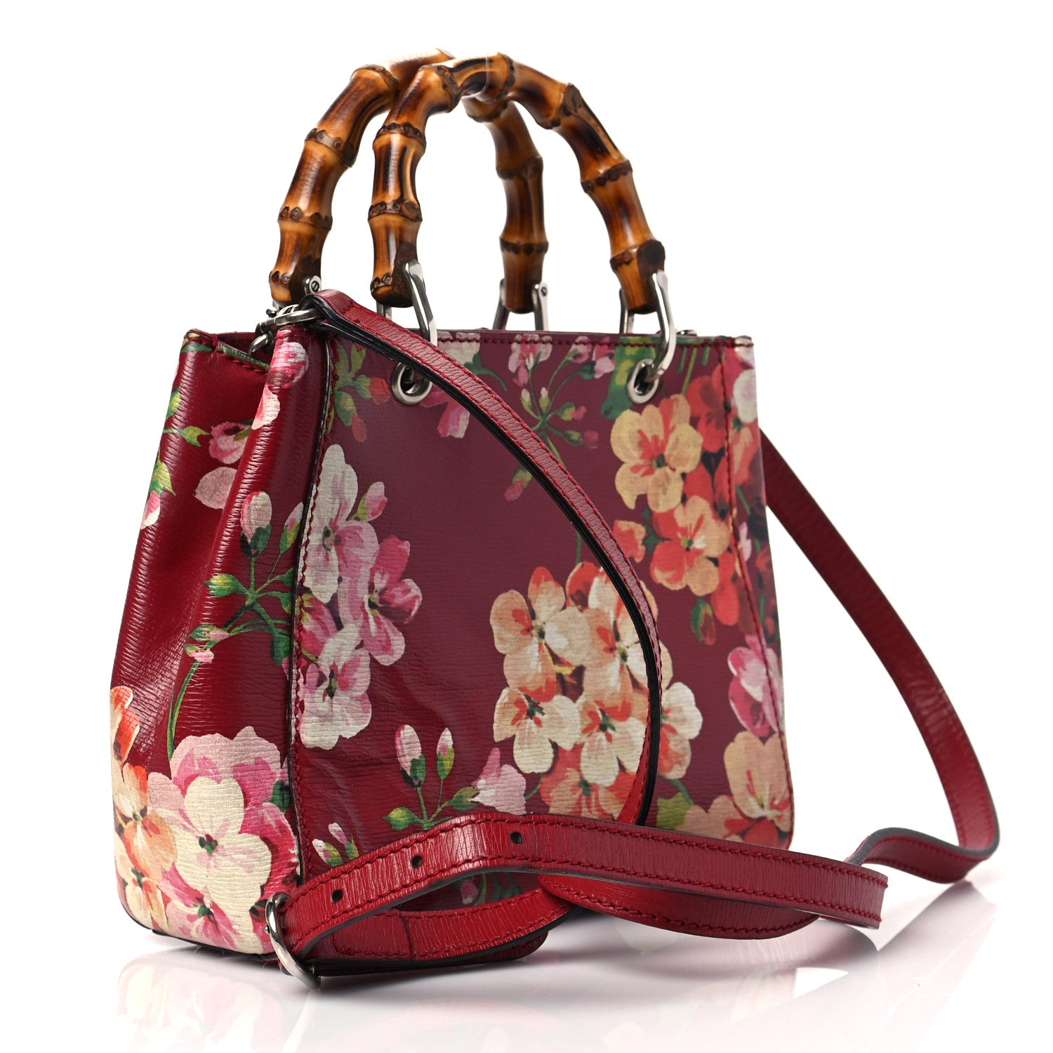 Gucci Shangai Calfskin Blooms Print Mini Bamboo Shopper Tote Romantic Cerise Multicolor 3 of 9