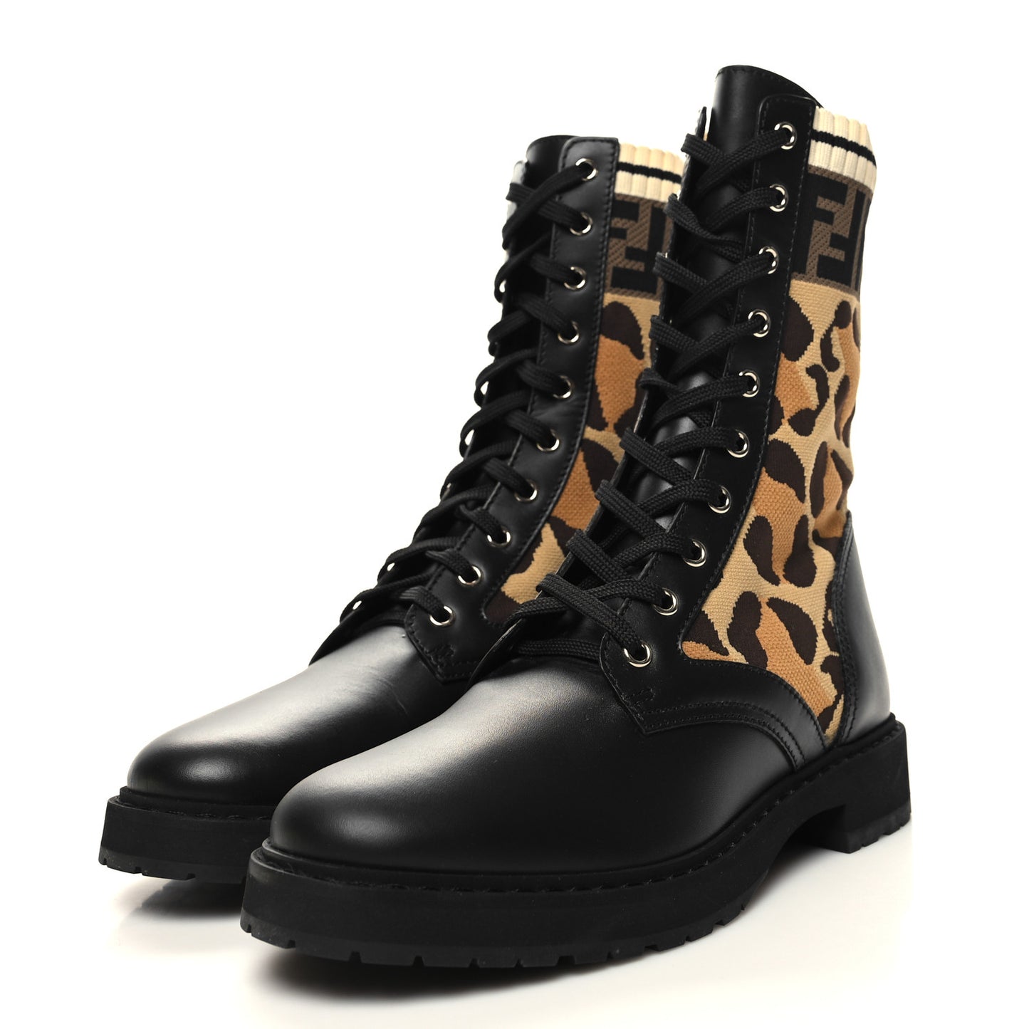 Calfskin Stretch Fabric FF Leopard Rockoko Biker Boots 39.5 Black
