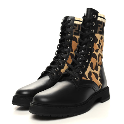 Fendi Calfskin Stretch Fabric FF Leopard Rockoko Biker Boots 39.5 Black 3 of 8