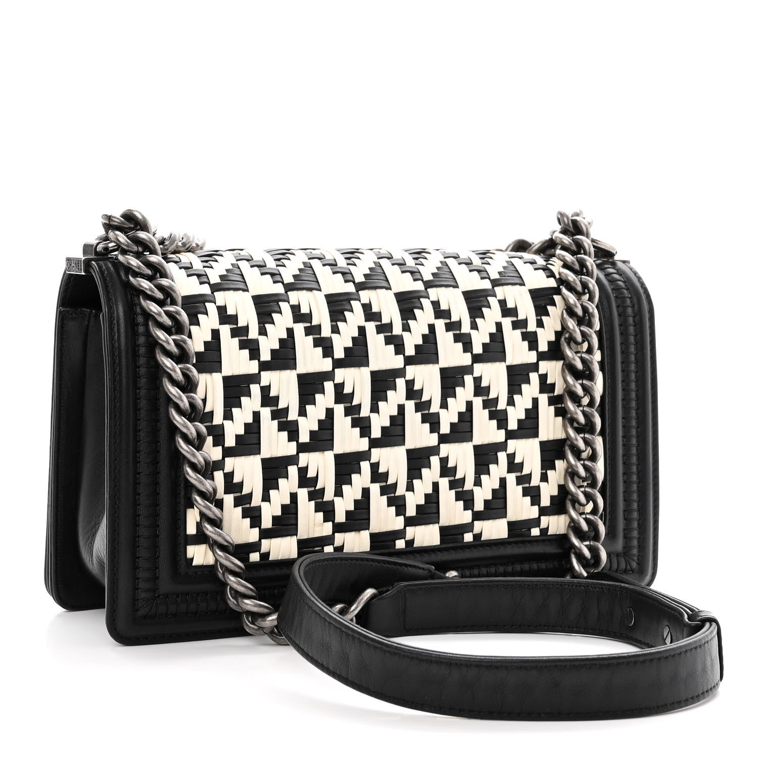 Chanel Calfskin Woven Medium Boy Flap Black White 3 of 11