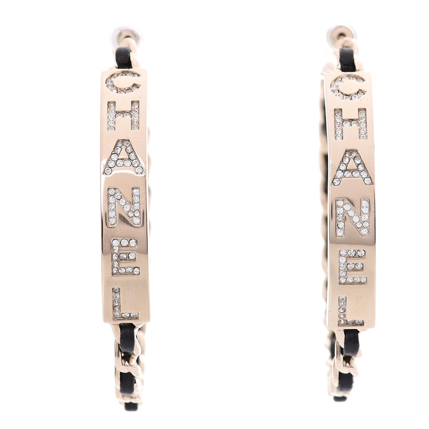 Chanel Metal Lambskin Crystal Sergeant Hoop Earrings Gold 1 of 5