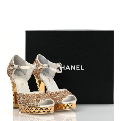 Chanel Metallic Sequin Peep Toe Pumps 37.5 Light Gold White 14 of 14