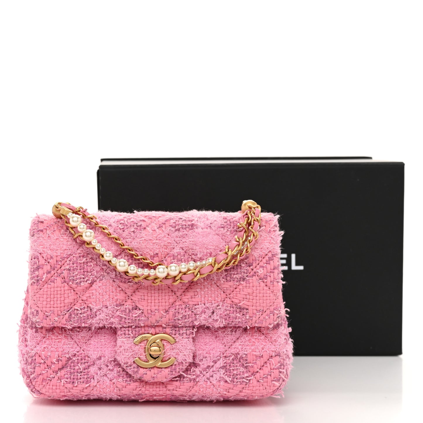 Tweed Quilted Pearl Twist Mini Square Flap Pink Dark Pink