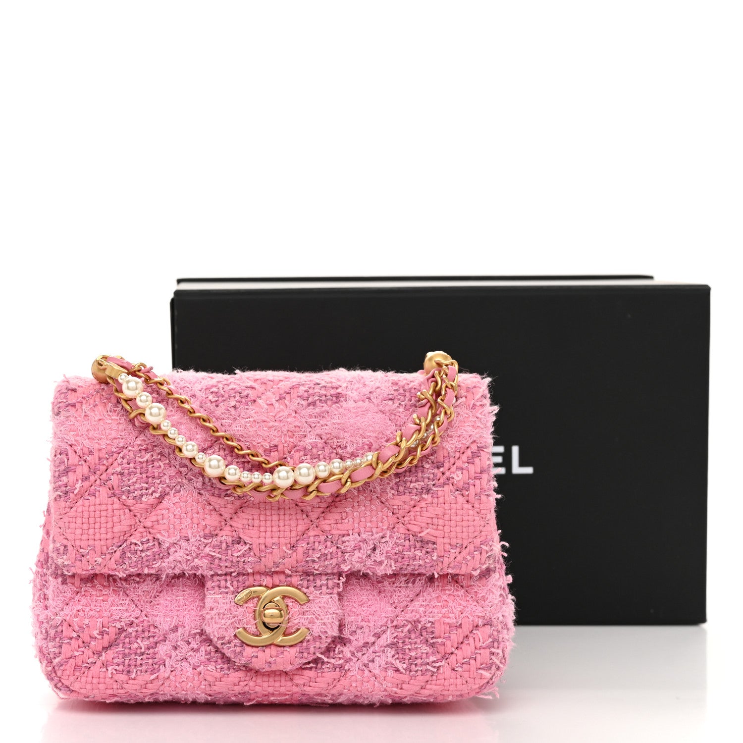 Chanel Tweed Quilted Pearl Twist Mini Square Flap Pink Dark Pink 11 of 11