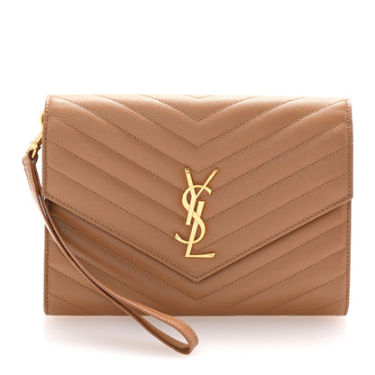 Saint Laurent Grain De Poudre Matelasse Chevron Monogram Cassandre Flap Pouch Natural Dark 1 of 8