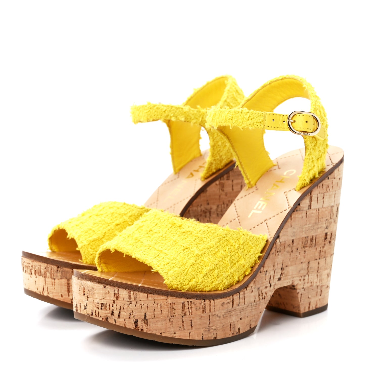 Tweed Cork CC Wedge Sandals 39 Yellow