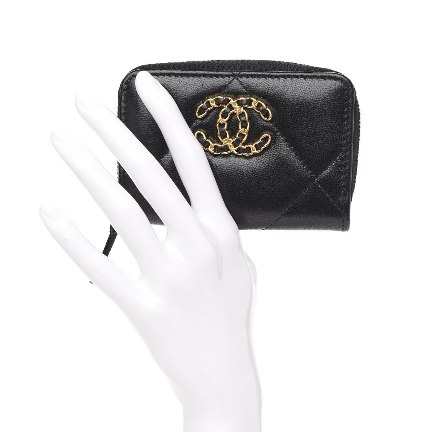 Lambskin Quilted Chanel 19 Zip Around Coin Purse Wallet Black