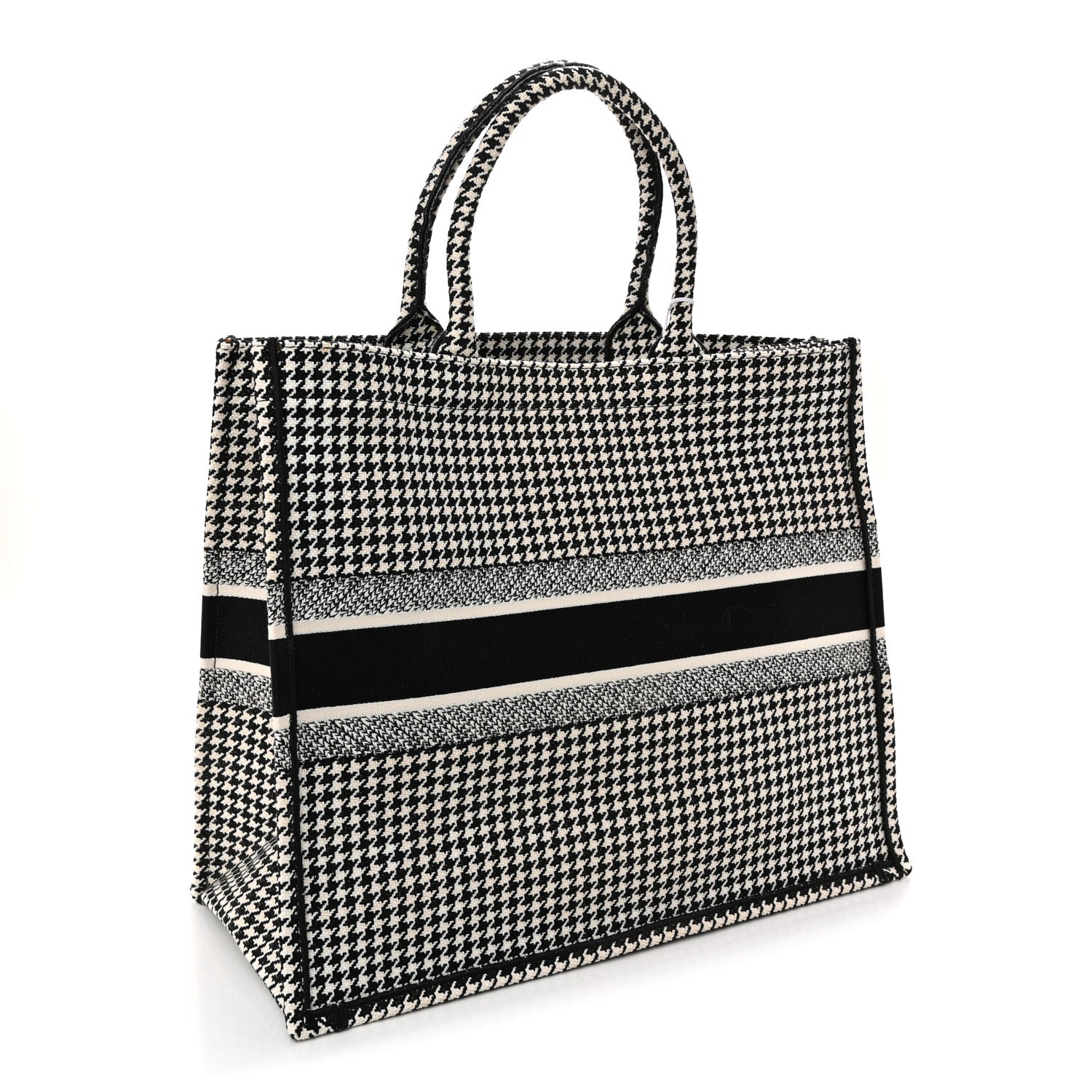 Christian Dior Canvas Houndstooth Embroidered Large Book Tote Black White 3 of 12