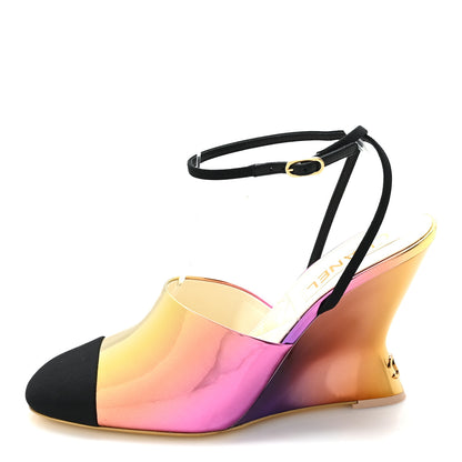 Chanel Laminated Calfskin Grosgrain Cap Toe CC Wedge Pumps 40 Pink Orange Yellow Black 1 of 10