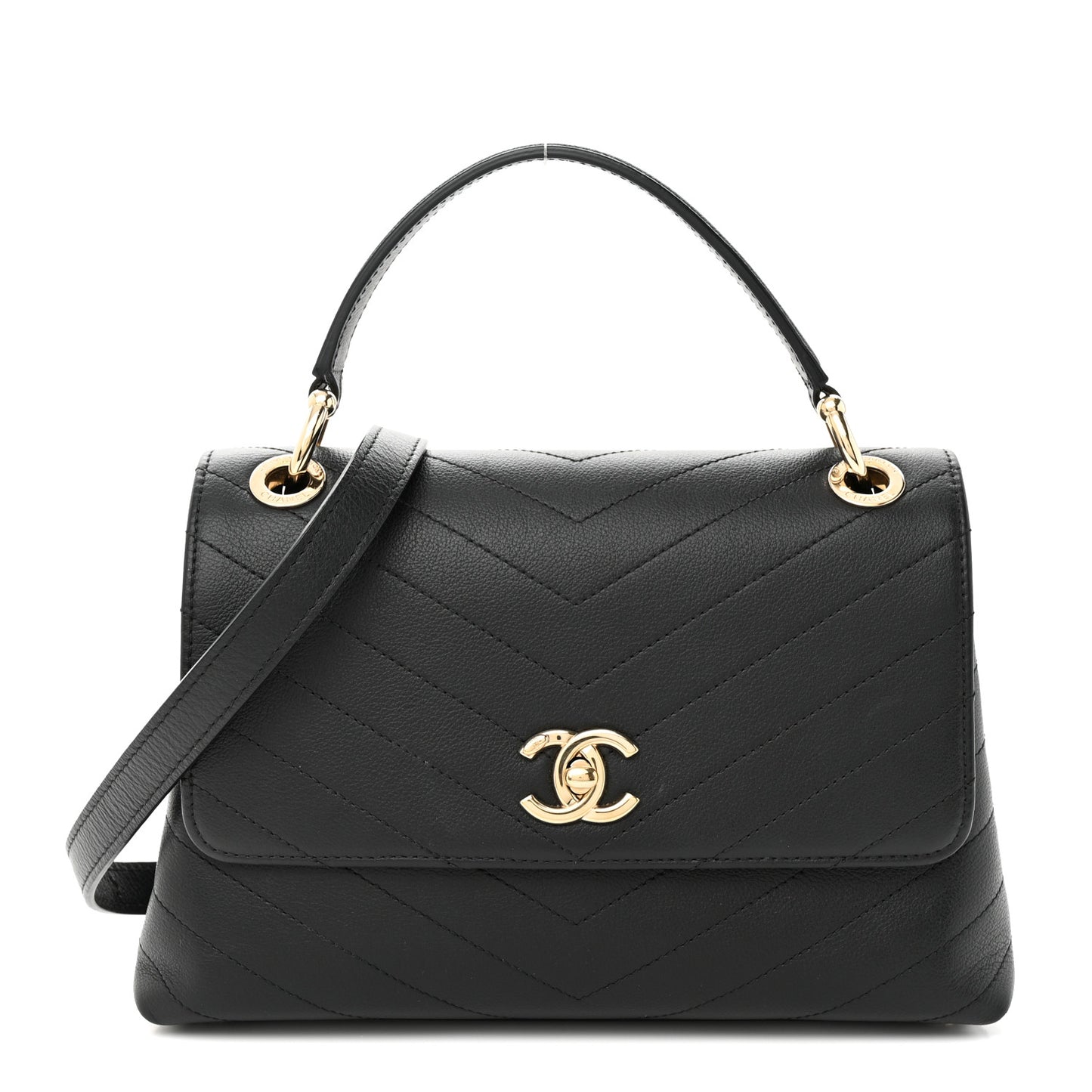 Grained Calfskin Small Chevron Chic Top Handle Flap Black