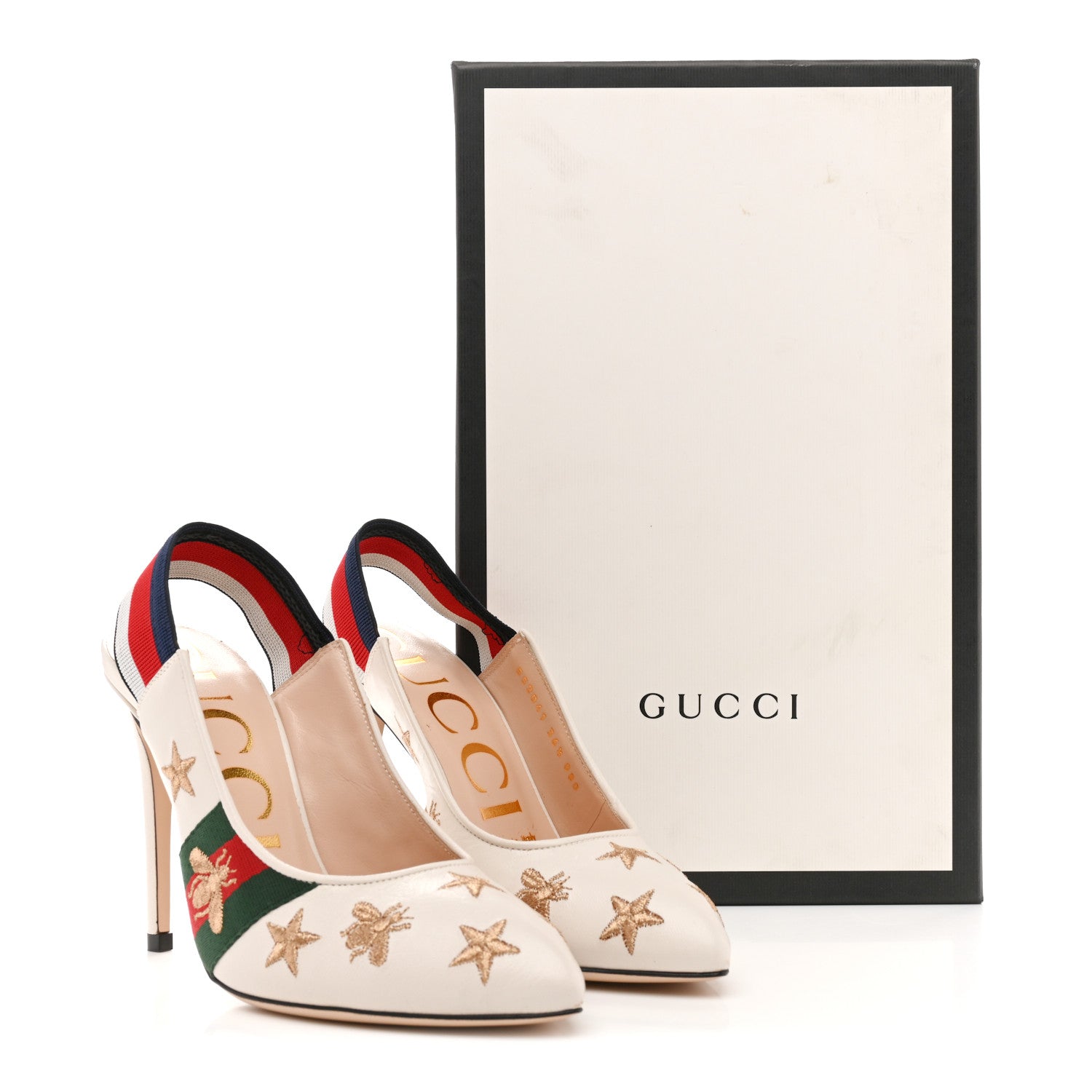 Gucci Malaga Kid Web Bee Star Embroidered Sylvie High Heel Slingback Pumps 36.5 White 13 of 13