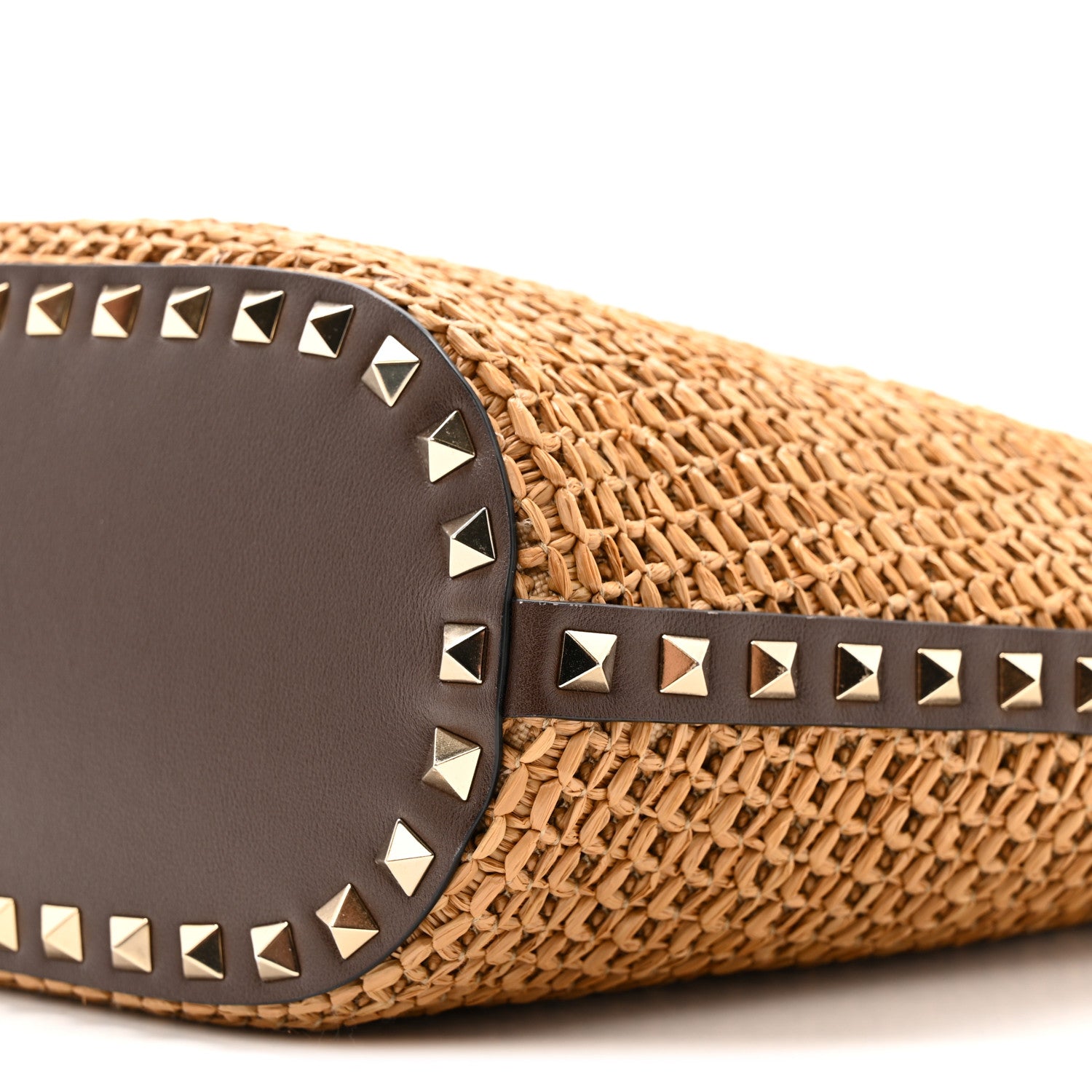 Valentino Garavani Synthetic Raffia Calfskin Rockstud Small Garden Tote Bag Tobacco Cacao 10 of 14