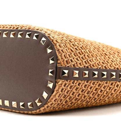 Valentino Garavani Synthetic Raffia Calfskin Rockstud Small Garden Tote Bag Tobacco Cacao 10 of 14
