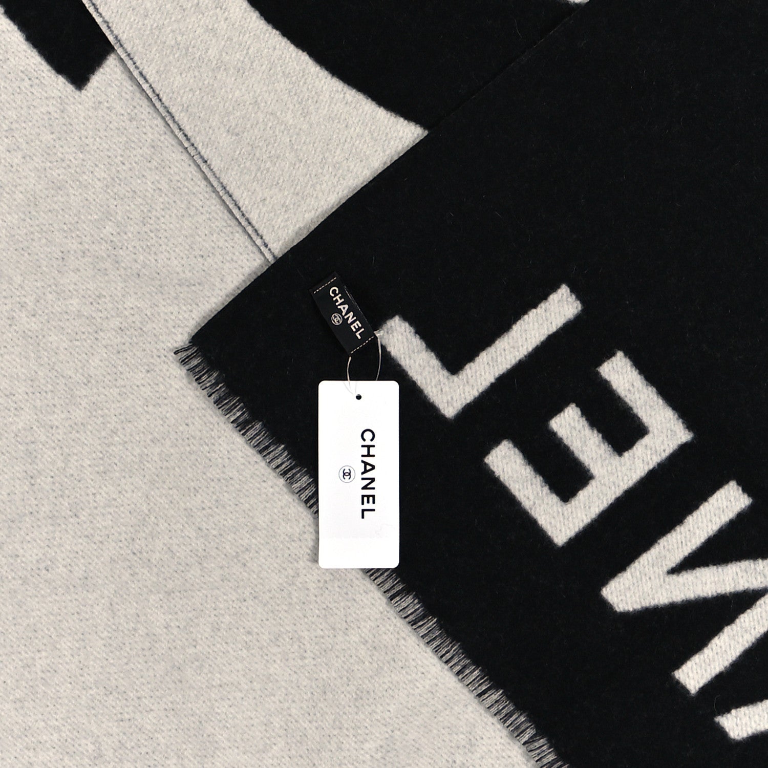 Chanel Cashmere CC Fringe Stole Black White 7 of 12