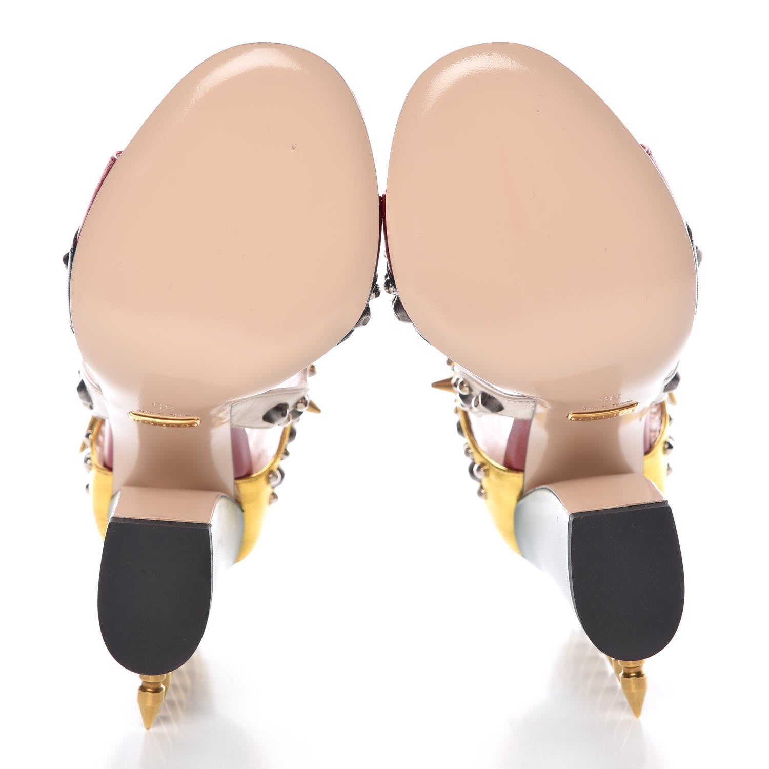 Gucci Metallic Malaga Kid Malin Embellished Studded Sandals 35 Hibiscus Red Blue Gold 5 of 8