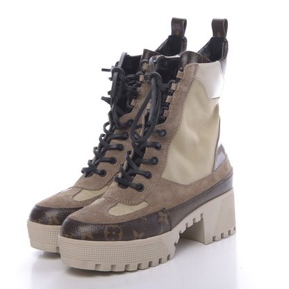 Louis Vuitton Suede Calfskin Monogram Laureate Platform Desert Boots 37 Beige 3 of 20