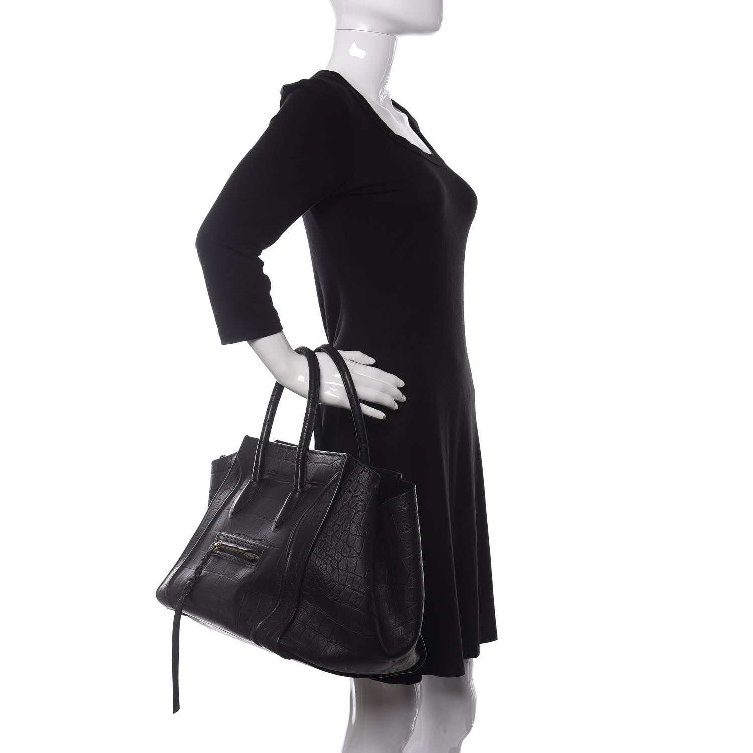 Celine Crocodile Embossed Calfskin Medium Phantom Luggage Black 2 of 15