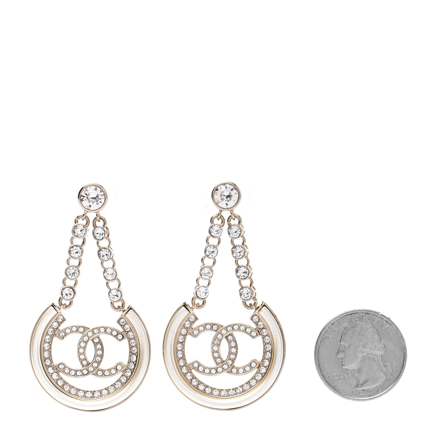 Metal Crystal Strass CC Chain Hoop Earrings Gold
