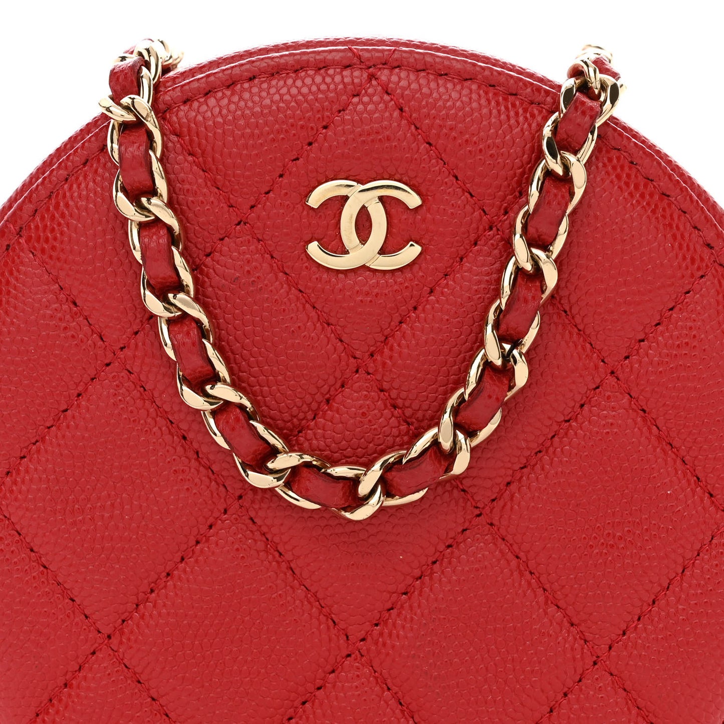 Caviar Quilted Round Clutch With Chain Red