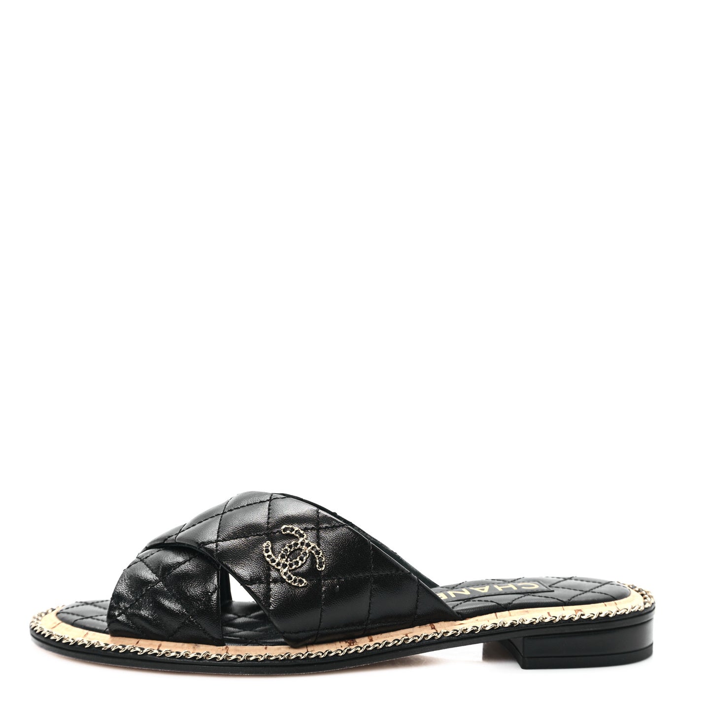 Lambskin Quilted Chain CC Sandals 38 Black