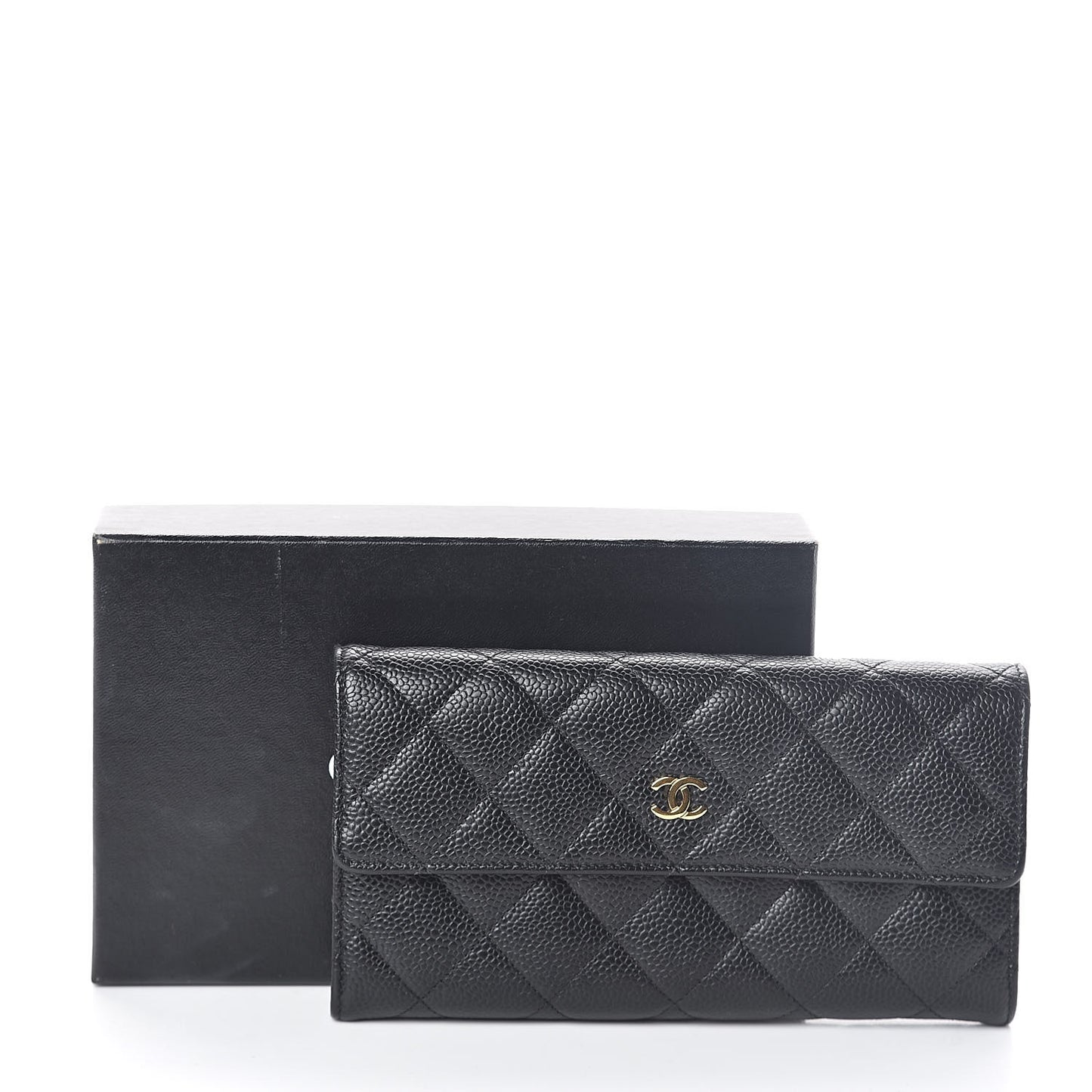 Caviar Quilted Large Gusset Flap Wallet Black