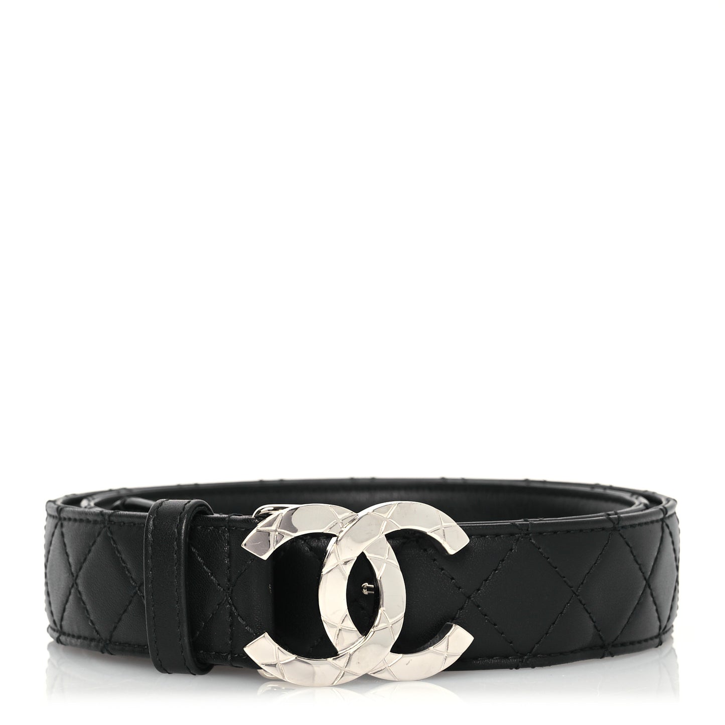 Lambskin Quilted CC Belt 90 36 Black Silvery