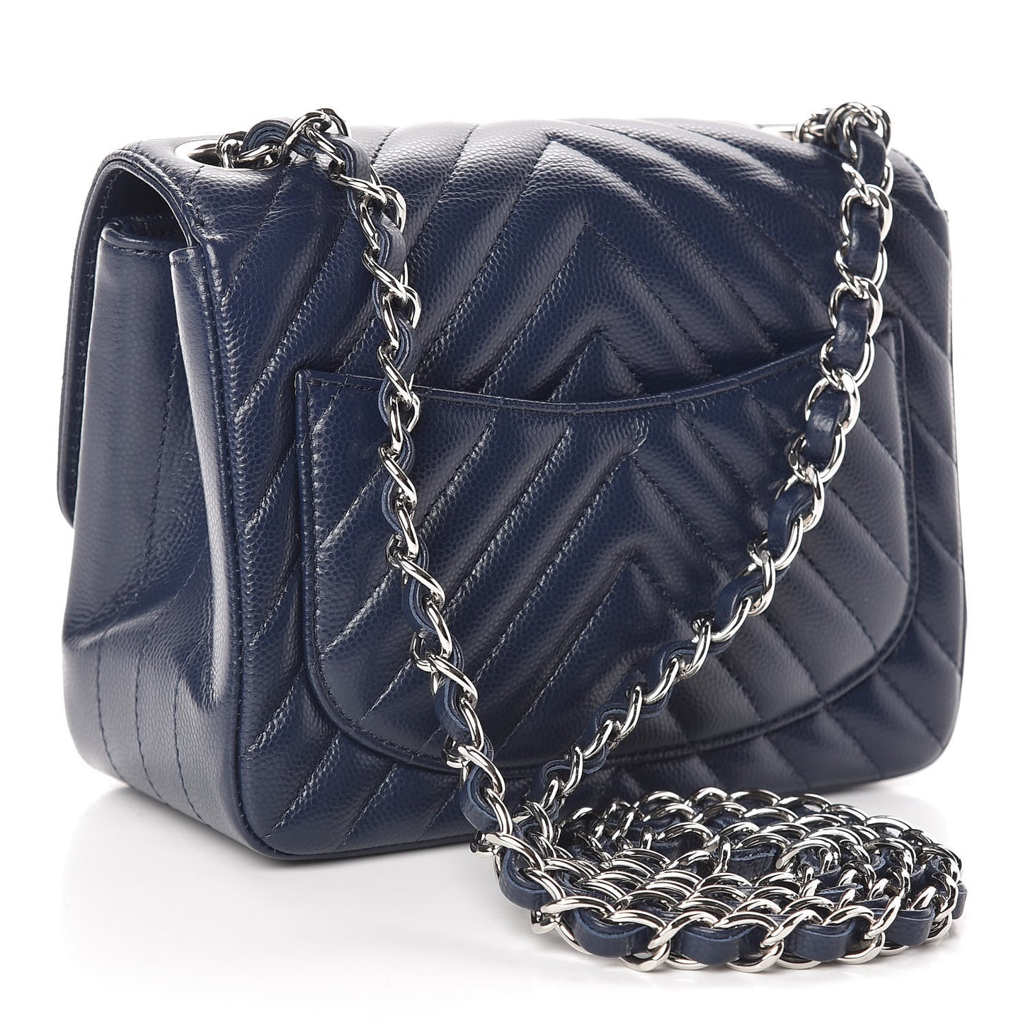 Caviar Chevron Quilted Mini Square Flap Dark Blue