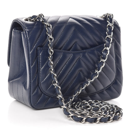 Chanel Caviar Chevron Quilted Mini Square Flap Dark Blue 3 of 11