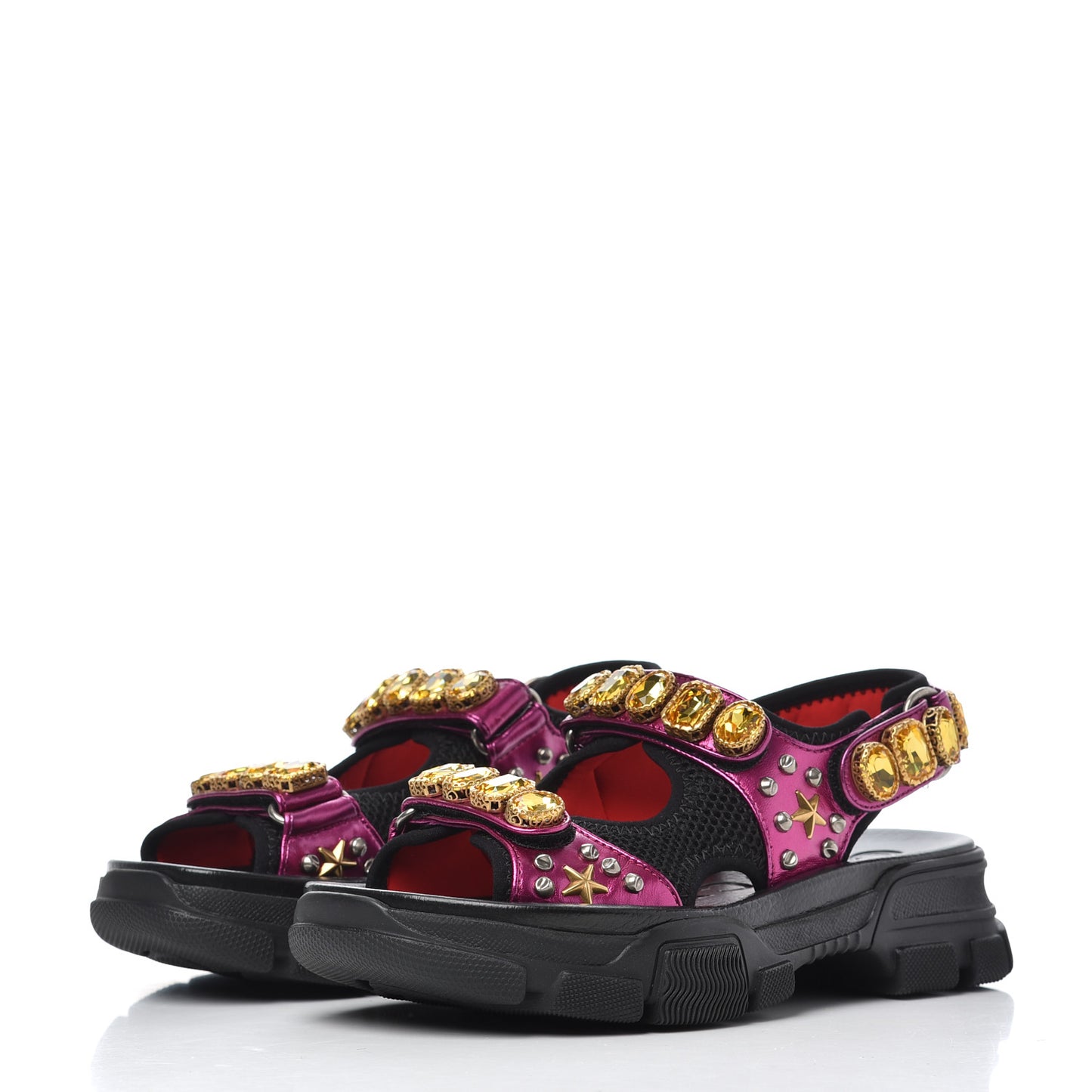Nappa Mesh Crystal Embellished Studded Womens Aguru Sandals 36 Pink Black