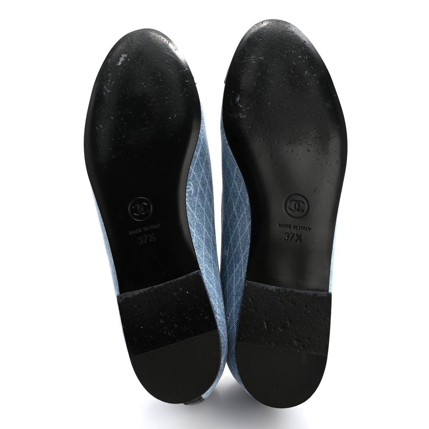 Chanel Denim Printed Quilt CC Cap Toe Ballerina Flats 37.5 Light Blue Dark Grey 5 of 11
