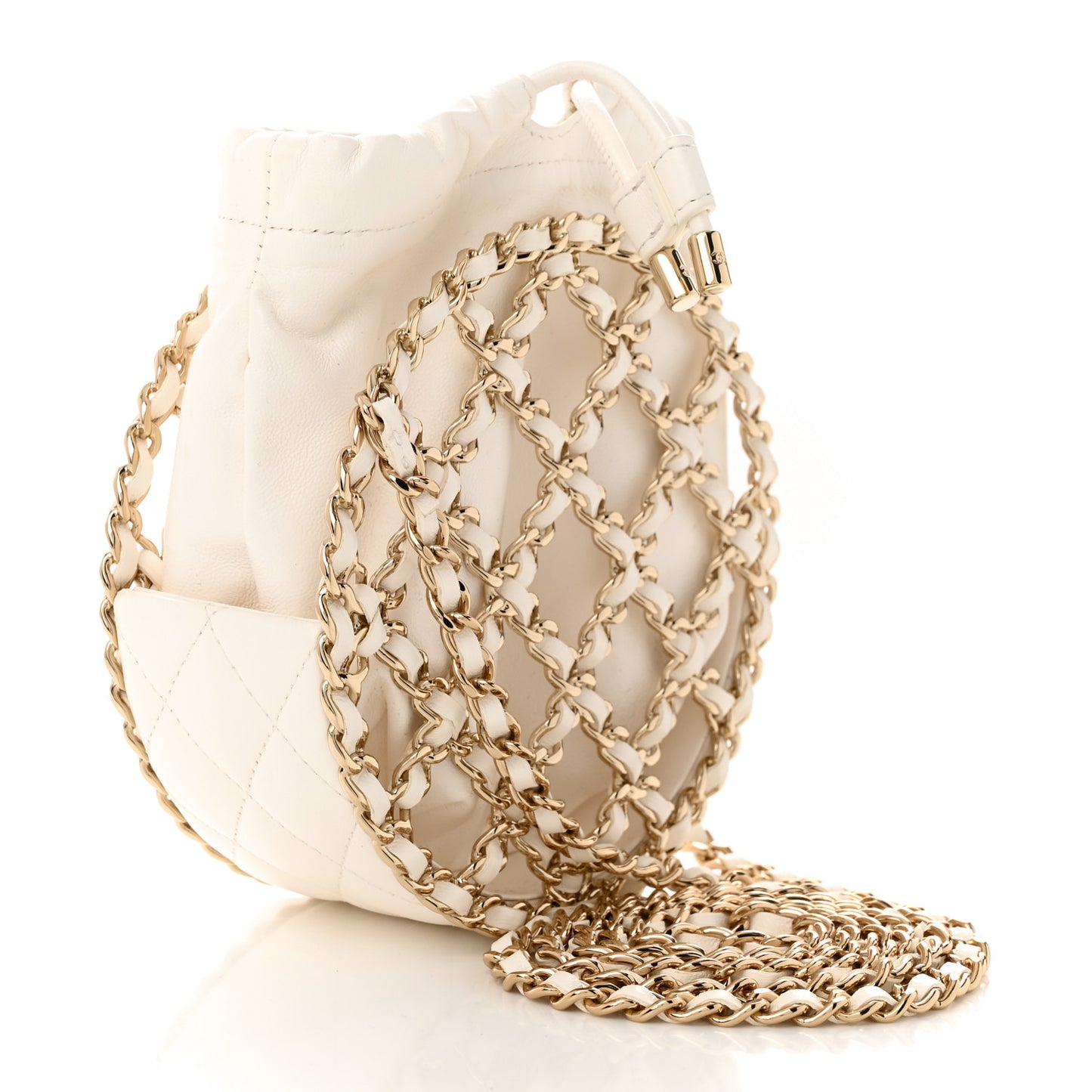 Lambskin Quilted Round Caged Chain Around Crossbody White