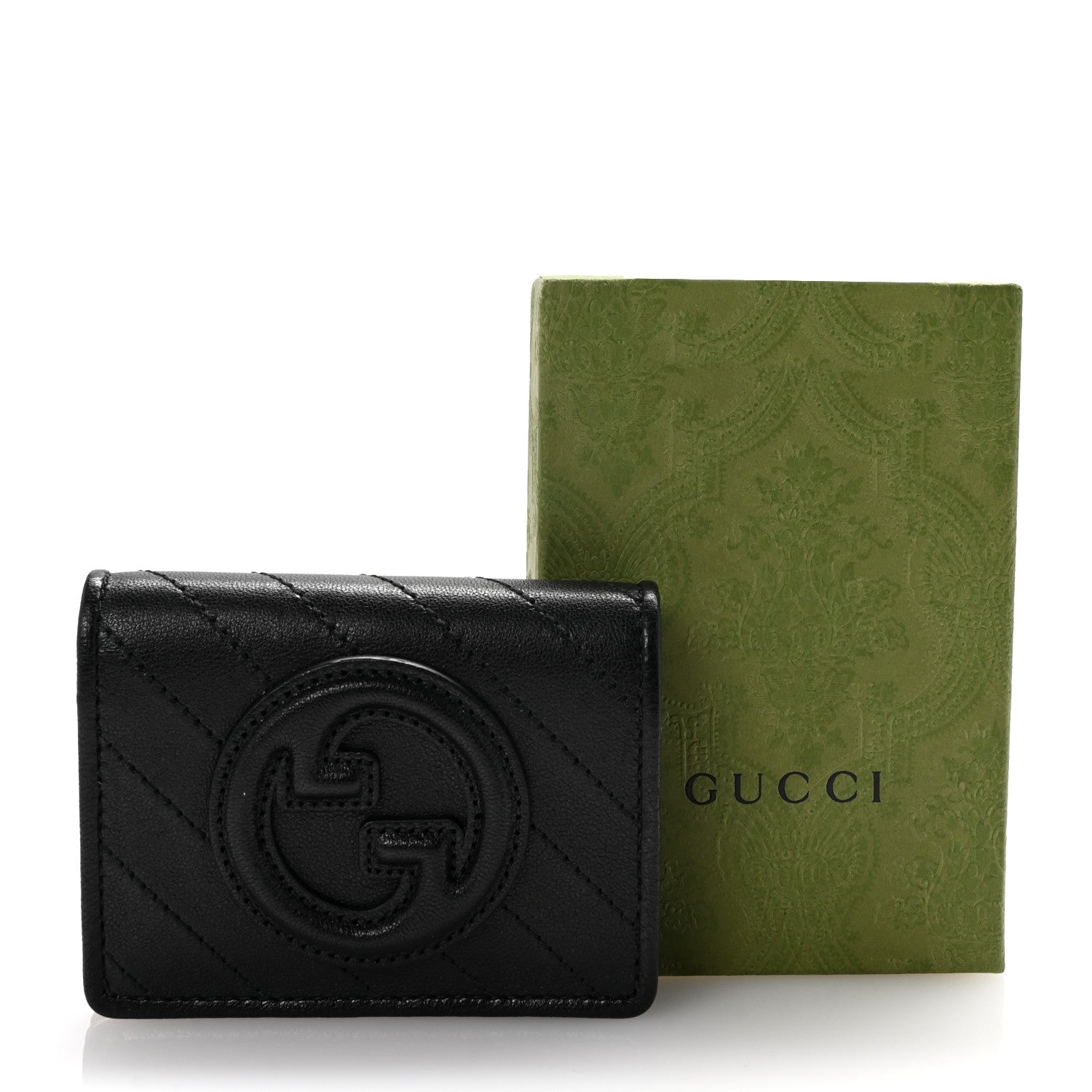 Gucci Sakai Be Green Calfskin Diagonal Stitched Blondie Card Case Wallet Black 8 of 8