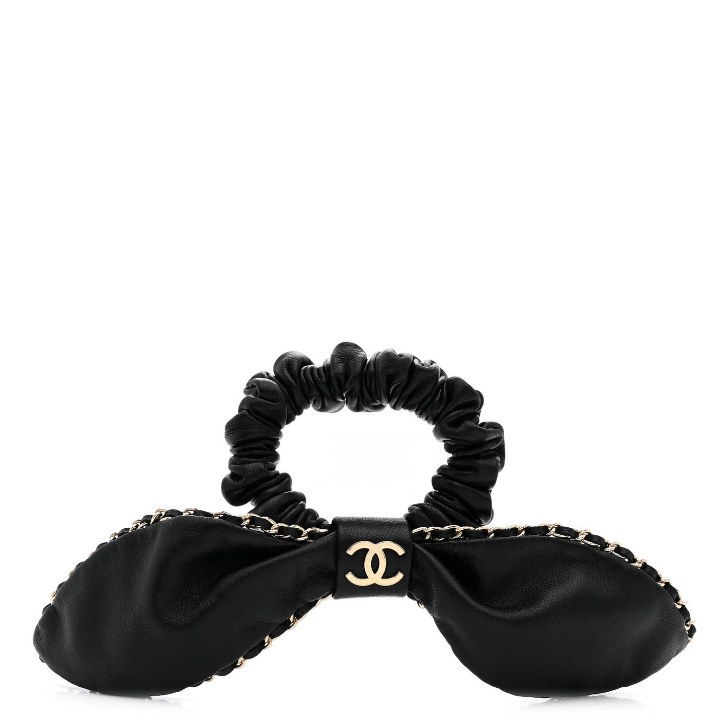 Lambskin Chain CC Bow Hair Scrunchie Black