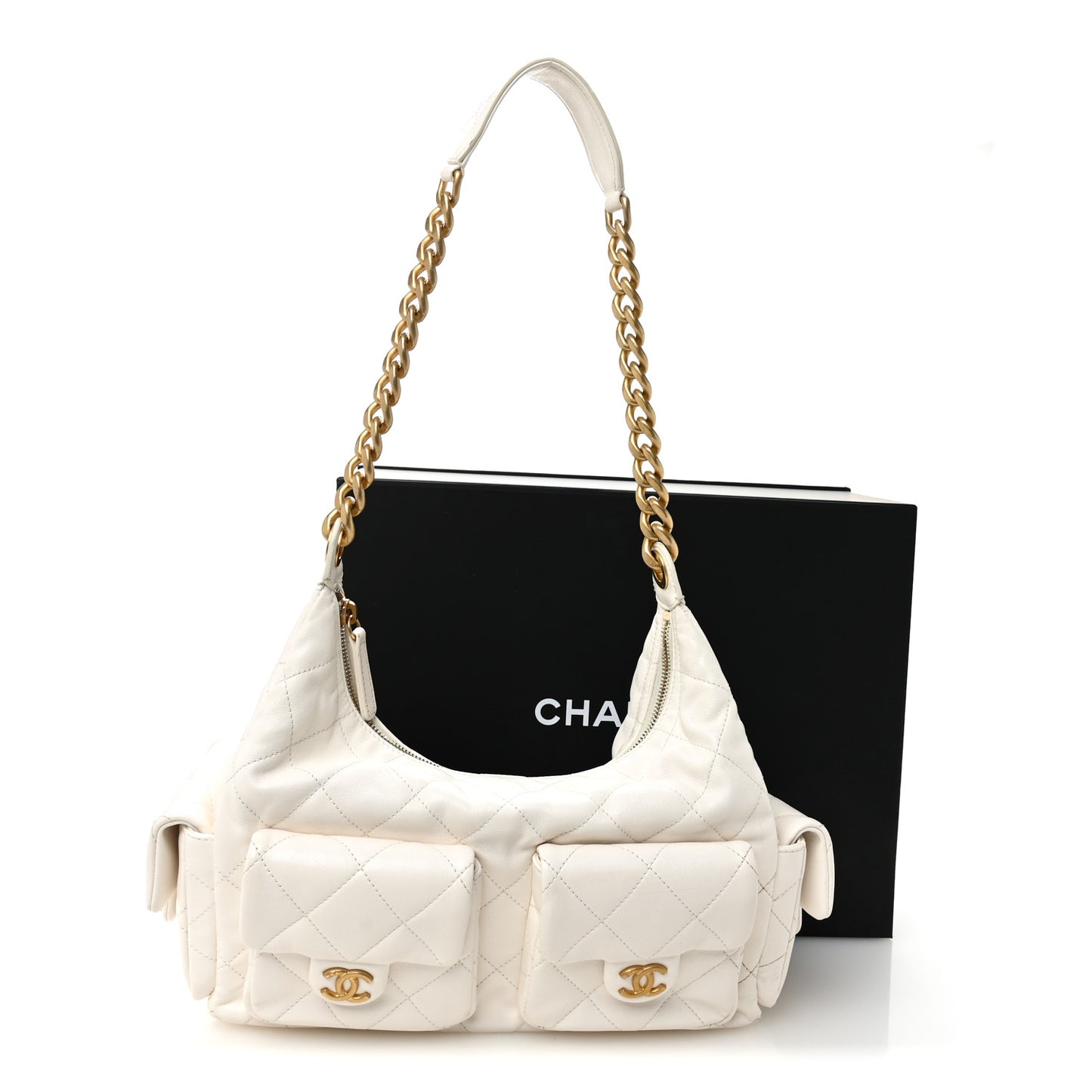 Shiny Lambskin Quilted Trendy Pockets Hobo White
