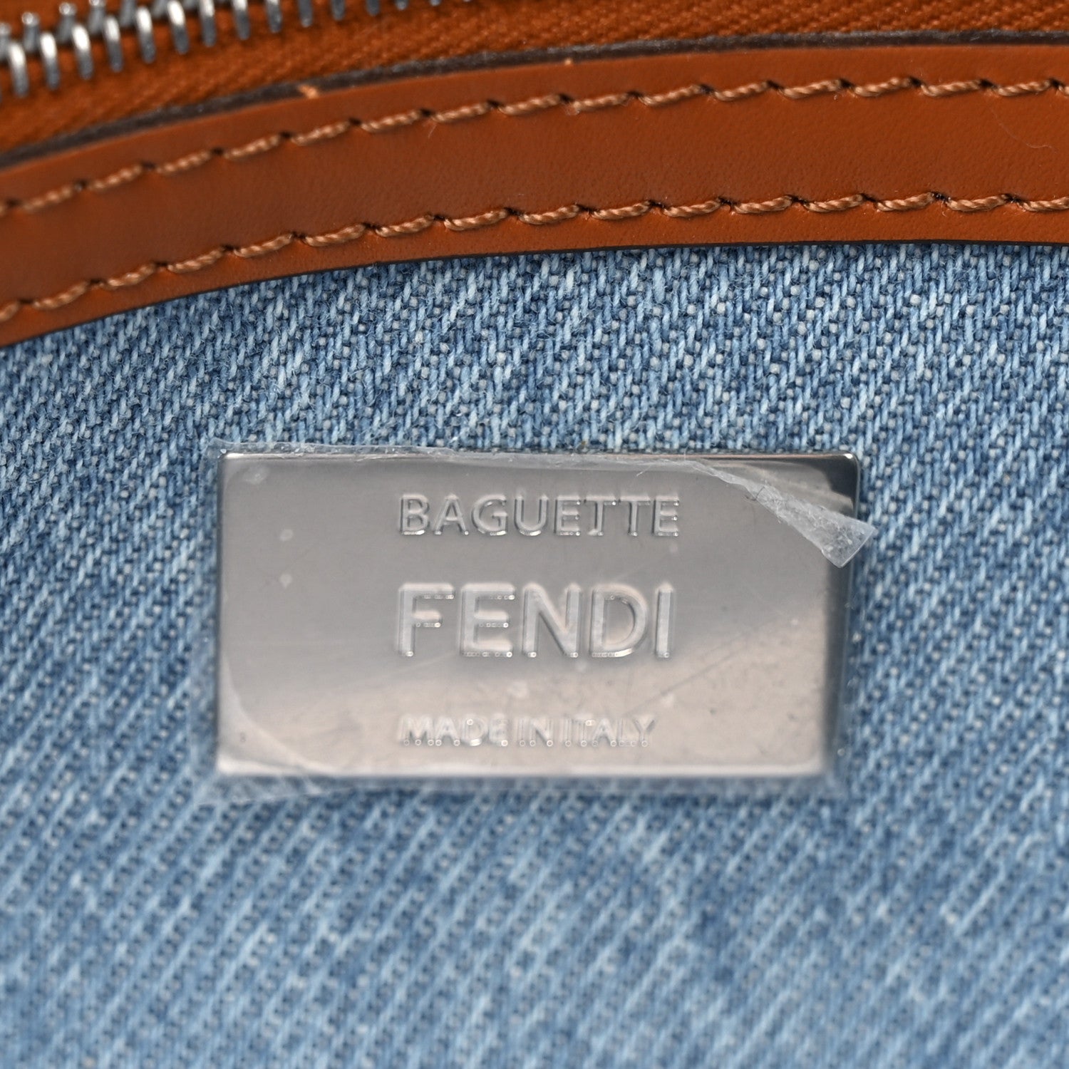 Fendi Denim Vitello King FF Embroidered Baguette Denim Chiaro Brandy 6 of 10