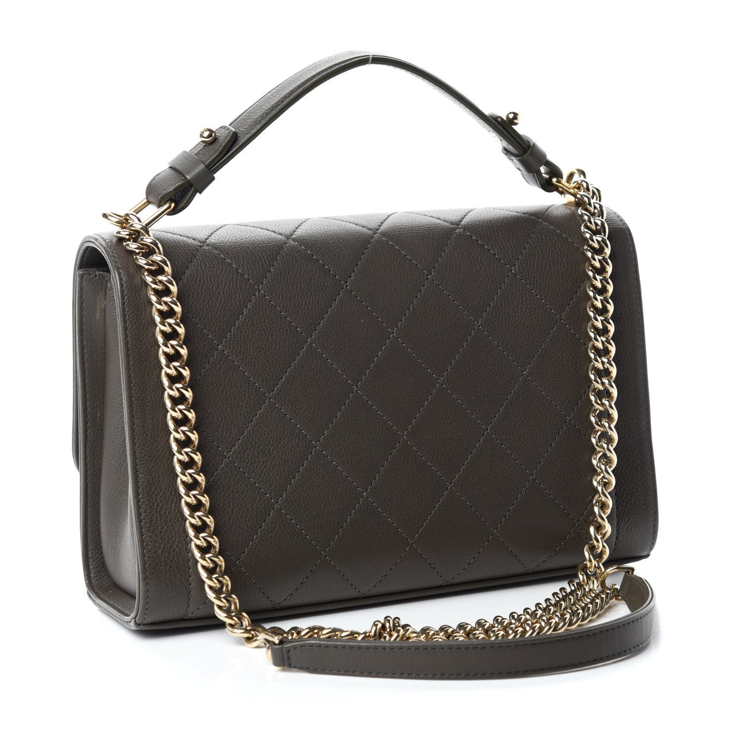Grained Calfskin Quilted Medium Label Click Flap Bag Green