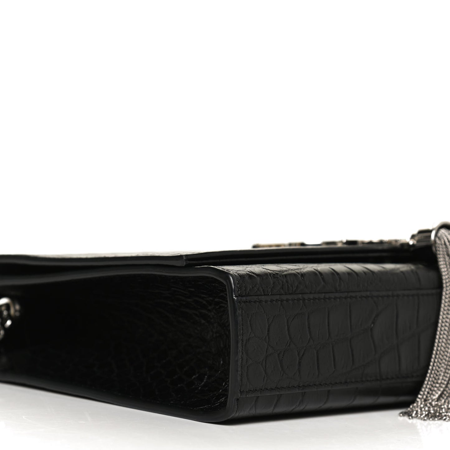 Calfskin Crocodile Embossed Medium Classic Monogram Kate Tassel Satchel Black