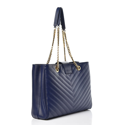 Saint Laurent Grain De Poudre Matelasse Chevron Monogram Shopping Bag Deep Marine 3 of 19