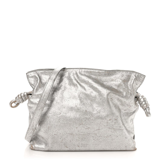 Distressed Metallic Lambskin Medium Flamenco Knot Bag Silver