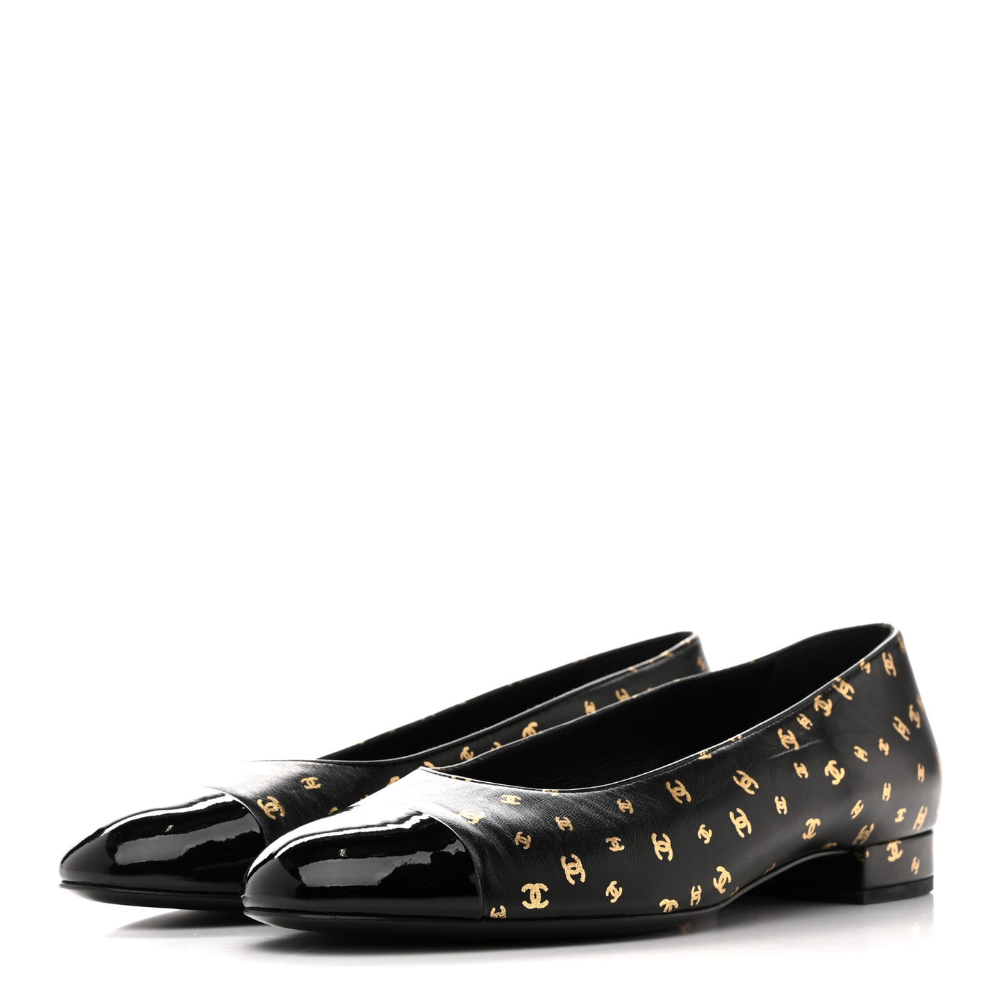 Lambskin Patent Calfskin Printed CC Cap Toe Ballerina Flats 38.5 Black Gold