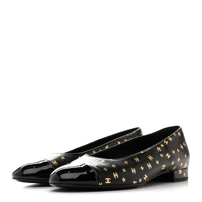 Chanel Lambskin Patent Calfskin Printed CC Cap Toe Ballerina Flats 38.5 Black Gold 4 of 10