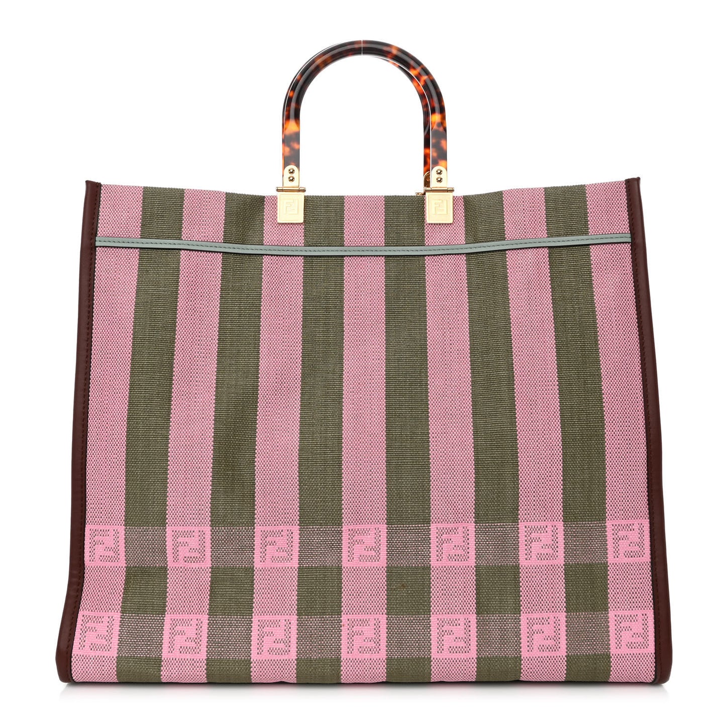 Raffia Vitello Seta Plexiglass Pequin Gingham Woven Large Fendi Sunshine Shopper Tote Military Rosa