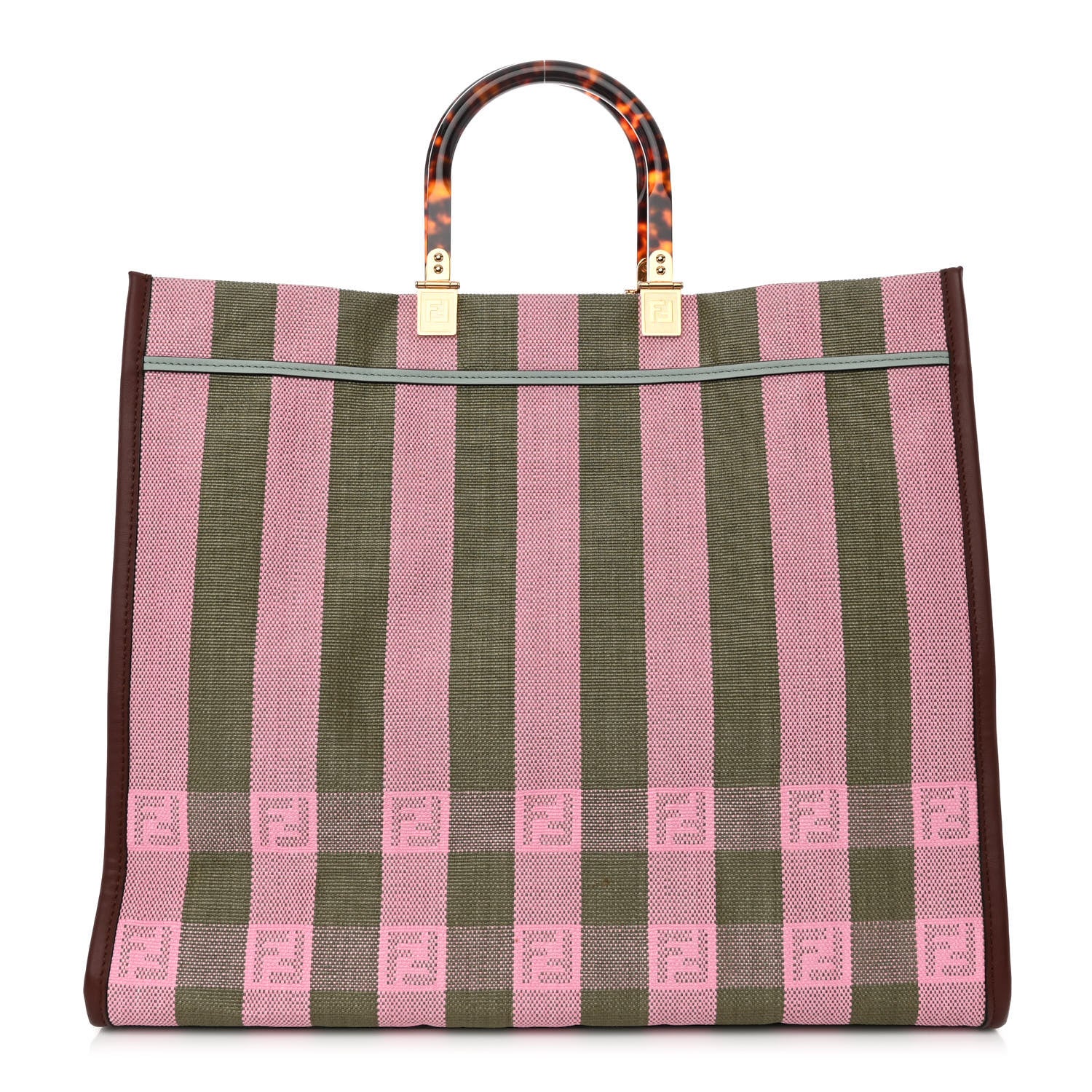 Fendi Raffia Vitello Seta Plexiglass Pequin Gingham Woven Large Fendi Sunshine Shopper Tote Military Rosa 1 of 10