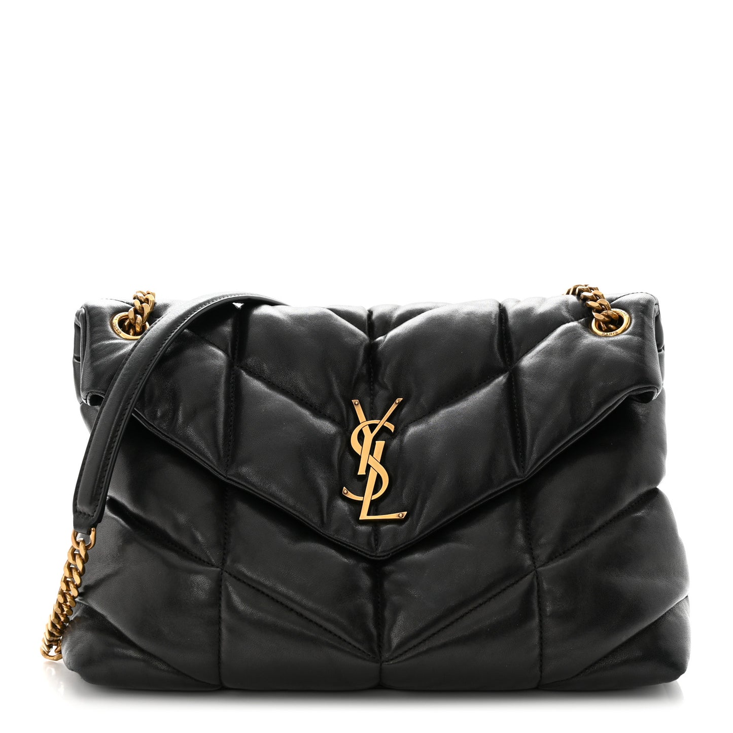 Lambskin Quilted Medium Loulou Puffer Monogram Chain Satchel Black