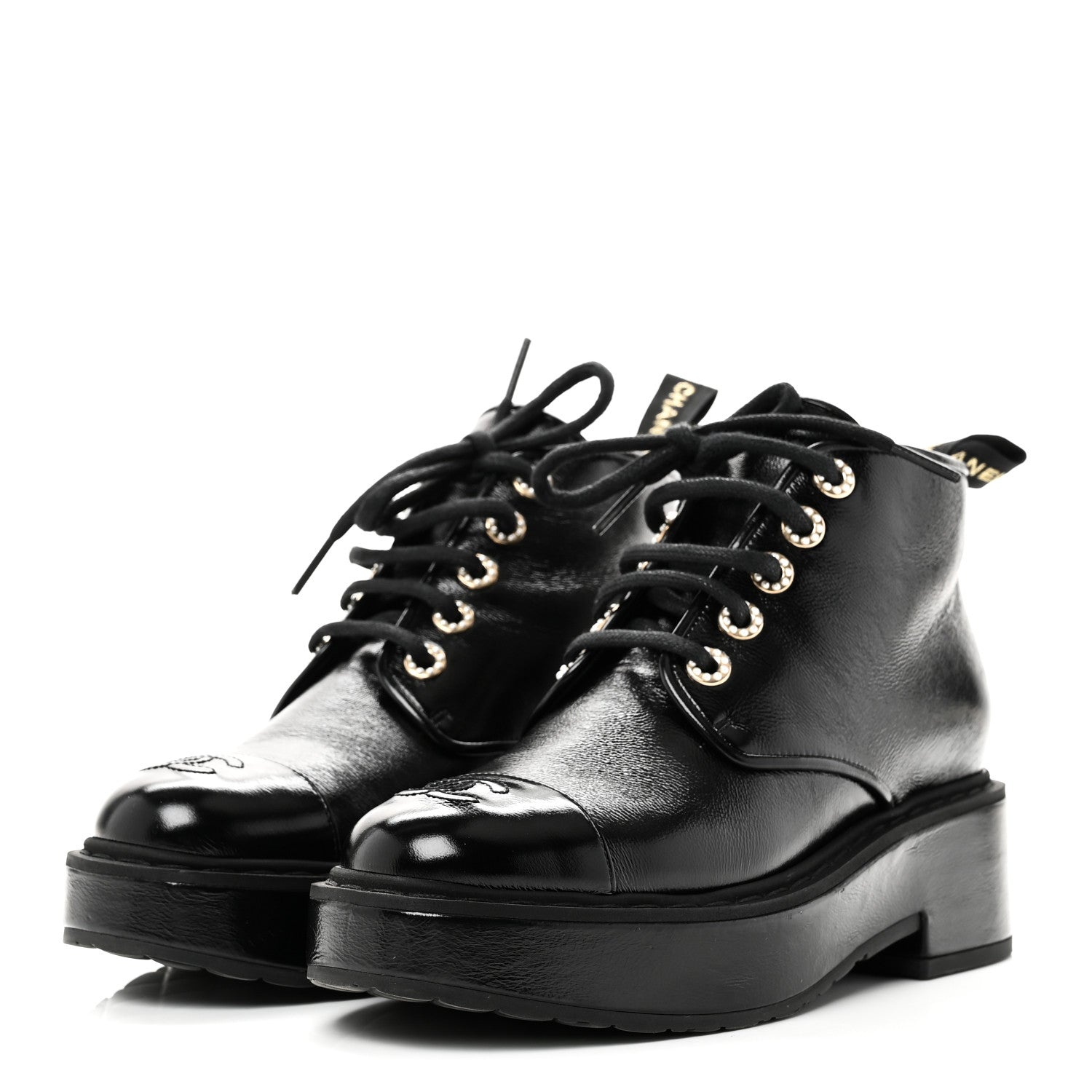Chanel Shiny Calfskin Pearl Lace Up Combat Short Boots 38 Black 4 of 10