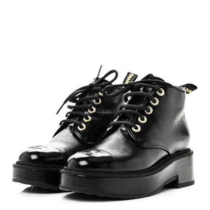 Chanel Shiny Calfskin Pearl Lace Up Combat Short Boots 38 Black 4 of 10