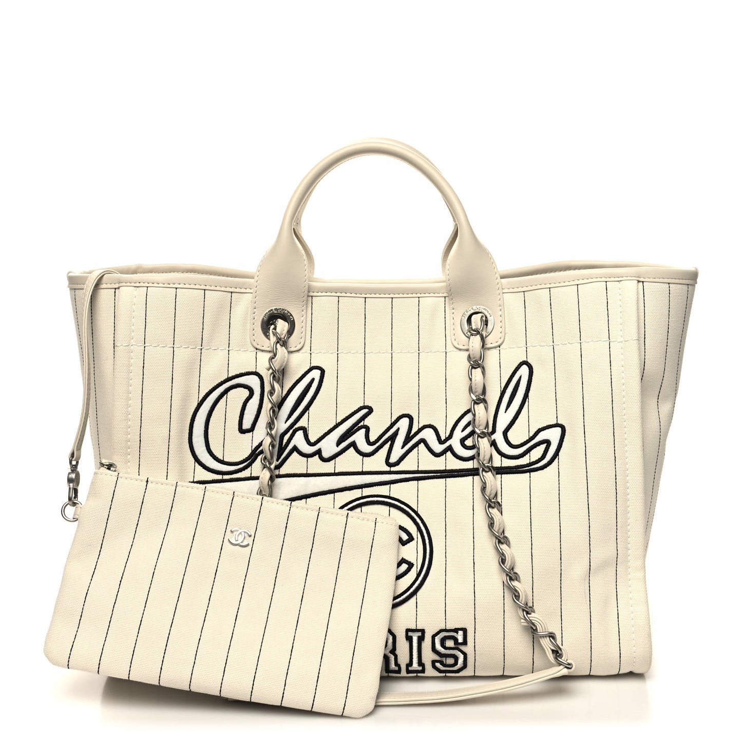 Canvas Calfskin Striped Medium Deauville Tote White Black