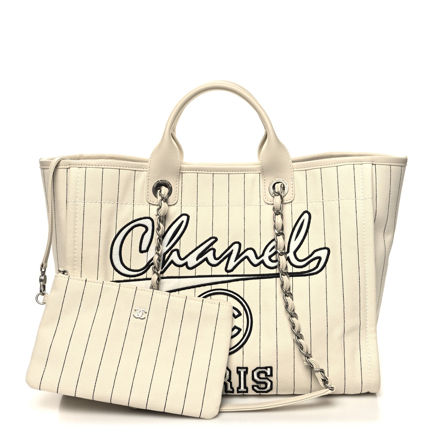 Chanel Canvas Calfskin Striped Medium Deauville Tote White Black 1 of 14